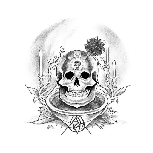 A witchcraft-themed sleeve featuring a cauldron surrounded by black flowers and adorned with sugar-skulls tattoo design idea