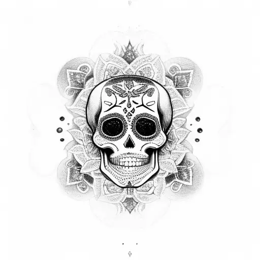 A sugar-skull with intricate witchcraft symbols as the eyes, surrounded by black flowers tattoo design idea
