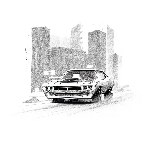 A sketch of a muscle car driving through a pixelated cityscape tattoo design idea