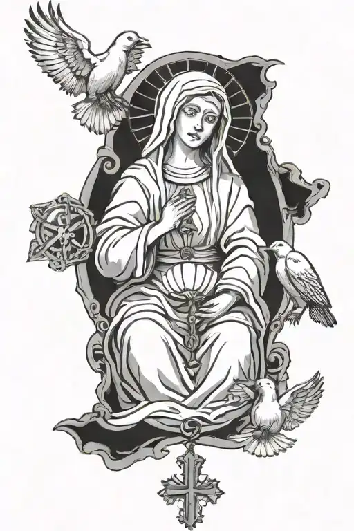 mother Mary with prayer hands and a rosary, three doves, Christian themes, Italian themes, crown of thorns tattoo design idea