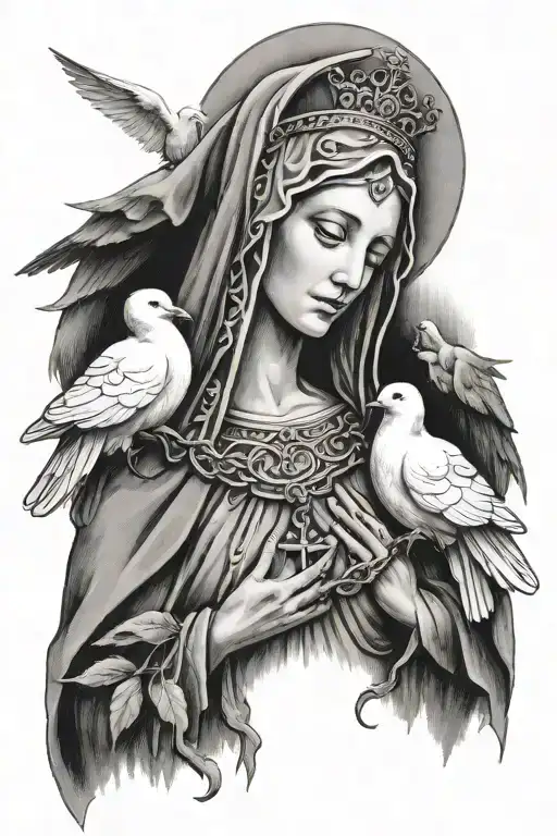 mother Mary with a rosary, three doves, Christian themes, Italian themes, crown of thorns tattoo design idea
