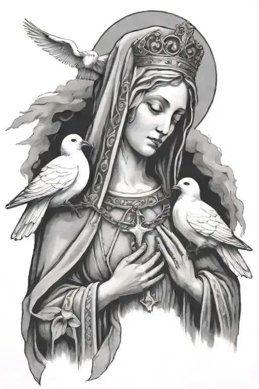 mother Mary with a rosary, three doves, Christian themes, Italian themes, crown of thorns tattoo design idea