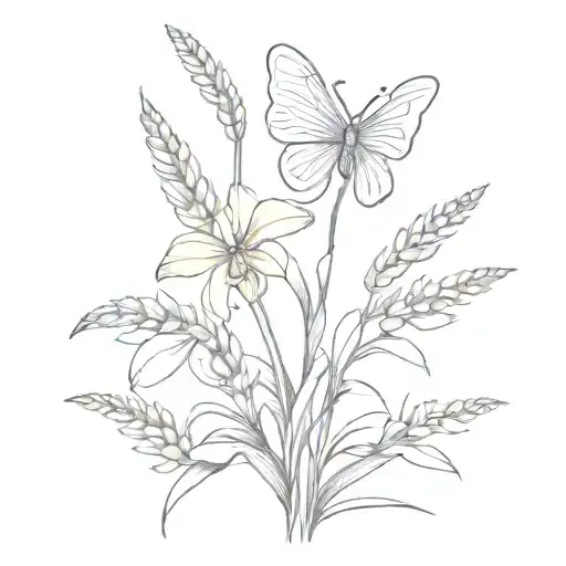 bouquet of orchid, lavender, wheat and a flying butterfly tattoo design idea