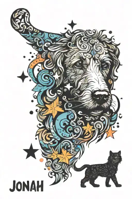 A labradoodle & cat in a tattoo. The name Jonah in the same tattoo and add a nike air max 1, some stars a fish a lion ,  tattoo design idea