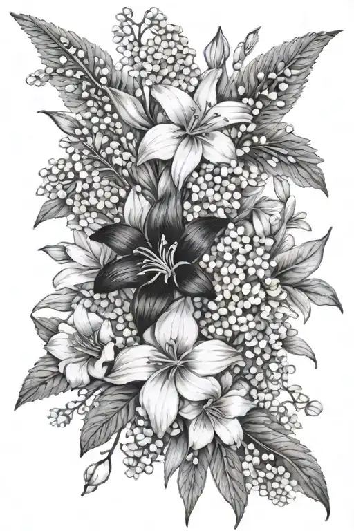 Black and white wildflowers with daisies, snapdragons, cherry blossoms, lily of the valley  tattoo design idea
