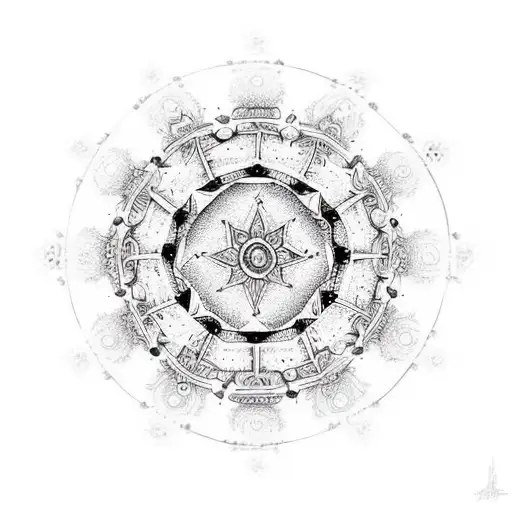 An intricate mandala design, featuring constellations and zodiac signs, representing the balance between fantasy and reality. tattoo design idea