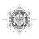 An intricate mandala design, featuring constellations and zodiac signs, representing the balance between fantasy and reality. tattoo design idea