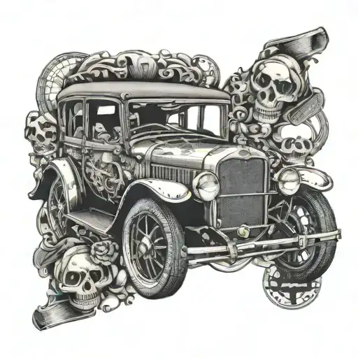 An intricate dotwork design of a retro car with a skull and crossbones steering wheel, representing your passion for vintage cars and hard metal music tattoo design idea