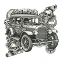 An intricate dotwork design of a retro car with a skull and crossbones steering wheel, representing your passion for vintage cars and hard metal music tattoo design idea