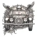 An intricate dotwork design of a retro car with a skull and crossbones steering wheel, representing your passion for vintage cars and hard metal music tattoo design idea