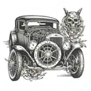 An intricate dotwork design of a retro car with a skull and crossbones steering wheel, representing your passion for vintage cars and hard metal music tattoo design idea