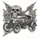 An intricate dotwork design of a retro car with a skull and crossbones steering wheel, representing your passion for vintage cars and hard metal music tattoo design idea