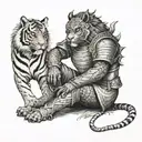 Against an Asian landscape backdrop, a fire tiger warrior in Japanese fantasy-style armor kneels before his queen  tattoo design idea