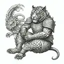Against an Asian landscape backdrop, a fire tiger warrior in Japanese fantasy-style armor kneels before his queen  tattoo design idea
