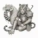 Against an Asian landscape backdrop, a fire tiger warrior in Japanese fantasy-style armor kneels before his queen  tattoo design idea