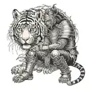 Against an Asian landscape backdrop, a fire tiger warrior in Japanese fantasy-style armor kneels before his queen  tattoo design idea