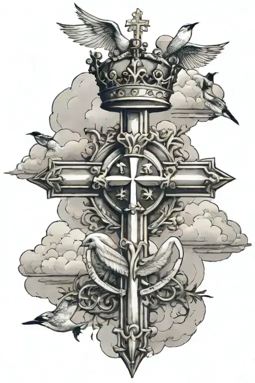a cross with a crown on it stand on a hill top, brazilian flag flying on a flag pole in the background, clouds and birds tattoo design idea