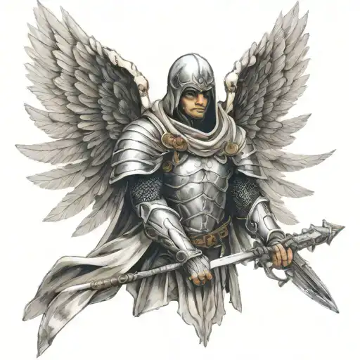 A warrior angel with a hood. Head slightly arched forward. Angel with armor. Wings half-open. Floating in the air tattoo design idea