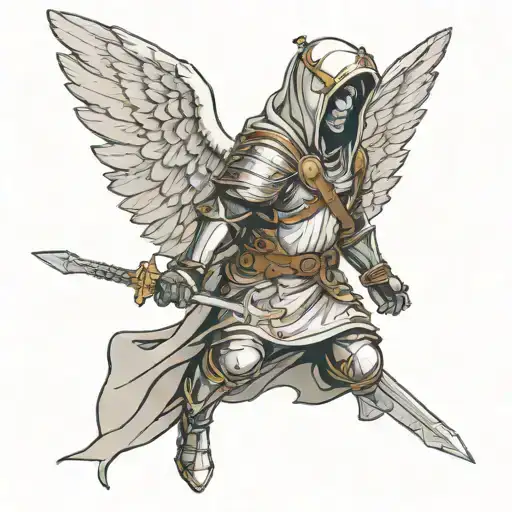A warrior angel with a hood. Head slightly arched forward. Angel with armor. Wings half-open. Floating in the air tattoo design idea