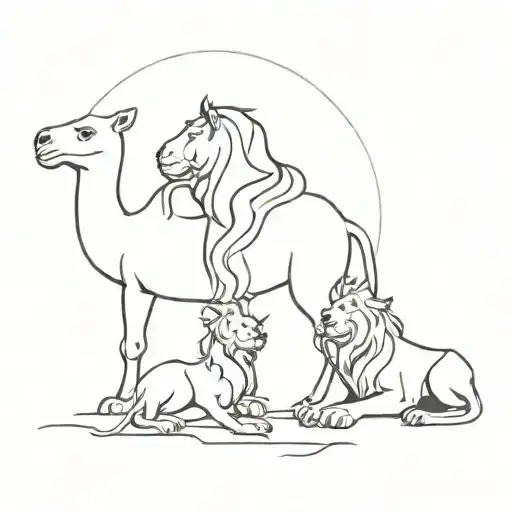 a child, a camel and a lion all entangled together  tattoo design idea