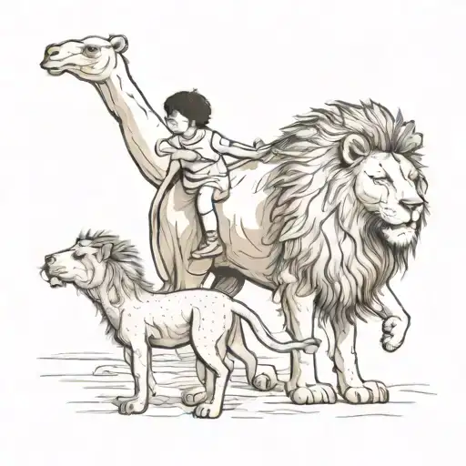 transitioning from being a camel carrying burdens to a lion learning to say no thanks to the playfulness of human child tattoo design idea