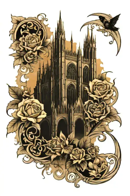 Gothic cathedral surrounded by flowers tattoo design idea