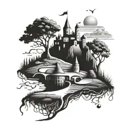 A surreal scene of a golf course transformed into a magical realm with floating castles and enchanted fairways tattoo design idea
