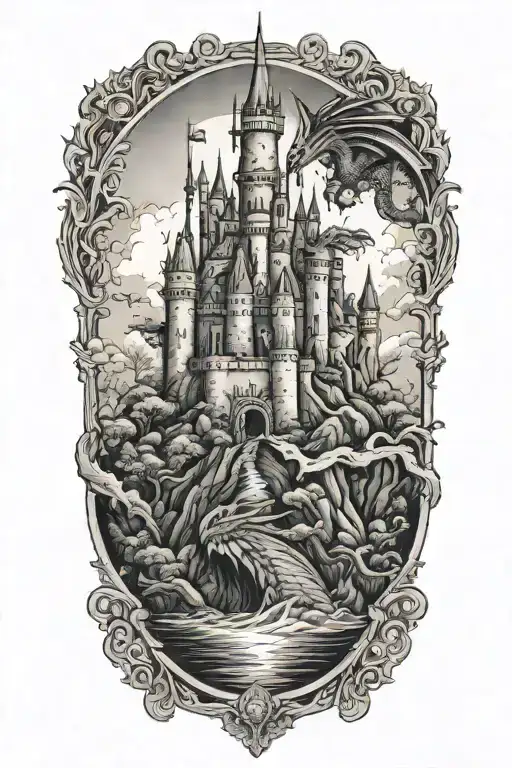 A majestic castle with a dragon flying overhead tattoo design idea