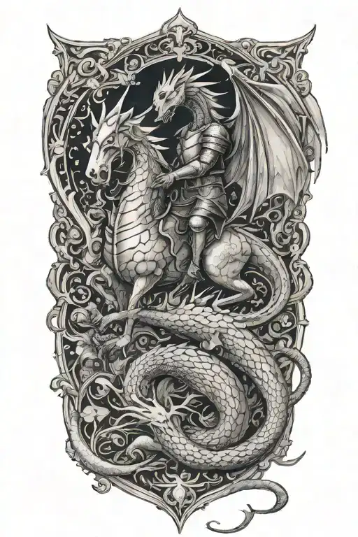 A knight battling a fierce dragon in a medieval setting tattoo design idea