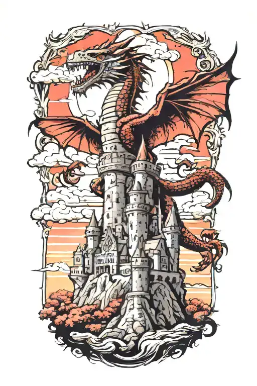 A majestic castle with a dragon flying overhead tattoo design idea