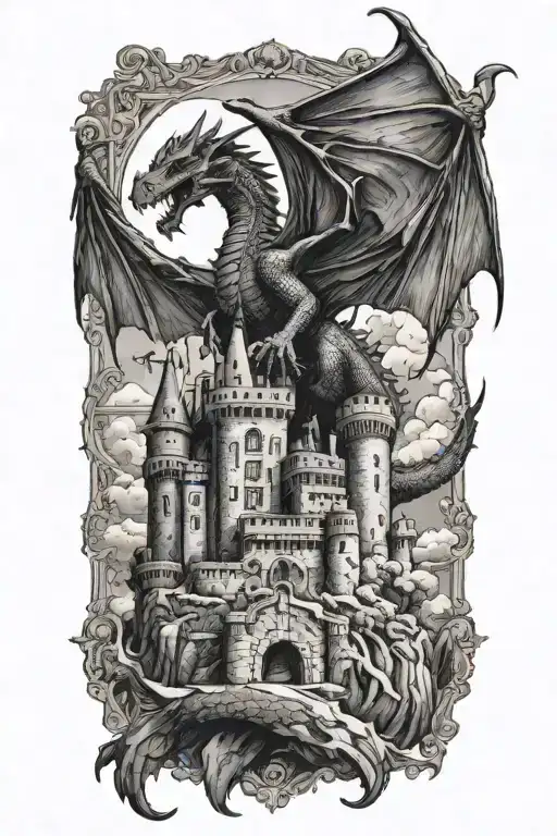 A majestic castle with a dragon flying overhead tattoo design idea