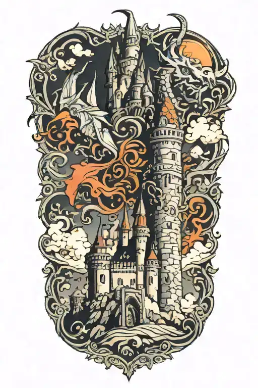 A majestic castle with a dragon flying overhead tattoo design idea