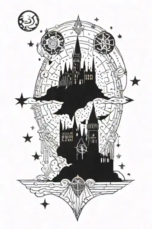 An intricate celestial map tattoo featuring Hogwarts castle as a focal point tattoo design idea