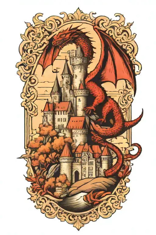 A majestic castle with a dragon flying overhead tattoo design idea