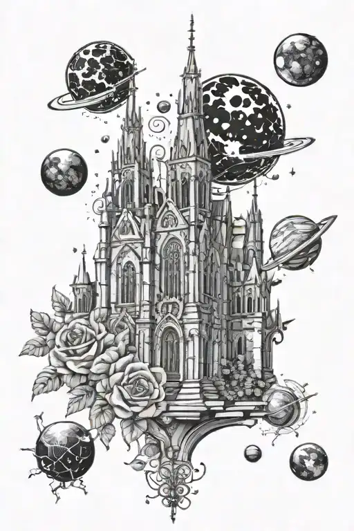 Gothic cathedral surrounded by planets and flowers tattoo design idea