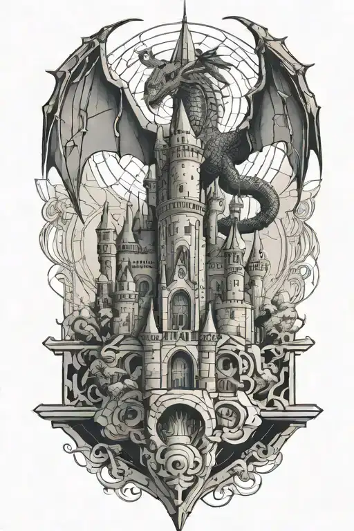 A majestic castle with a dragon flying overhead tattoo design idea
