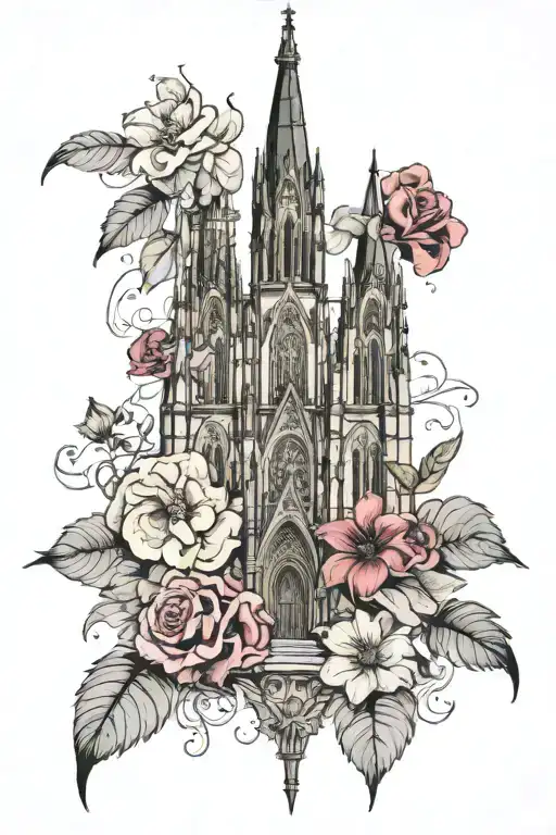 Gothic cathedral surrounded by flowers tattoo design idea