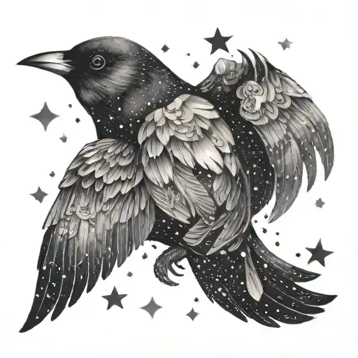 A fantasy-inspired bird with wings made of galaxies and stars tattoo design idea