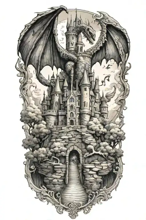 A majestic castle with a dragon flying overhead tattoo design idea
