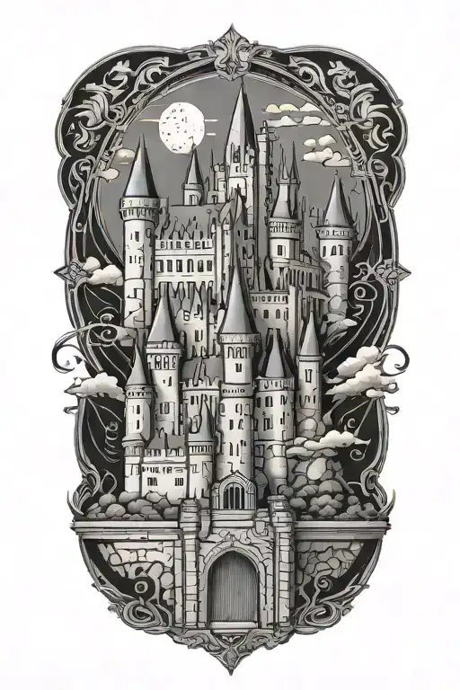 An intricate black and grey tattoo of a historical castle inspired by the architecture of Hogwarts, with subtle nods to HR symbols integrated into the design tattoo design idea