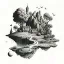 A surreal scene of a golf course transformed into a magical realm with floating castles and enchanted fairways tattoo design idea