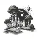 A surreal scene of a golf course transformed into a magical realm with floating castles and enchanted fairways tattoo design idea