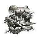 A surreal scene of a golf course transformed into a magical realm with floating castles and enchanted fairways tattoo design idea