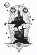An intricate celestial map tattoo featuring Hogwarts castle as a focal point tattoo design idea