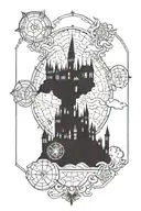 An intricate celestial map tattoo featuring Hogwarts castle as a focal point tattoo design idea