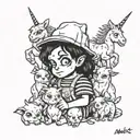 A Morat baker surrounded by Chucky dolls and unicorns tattoo design idea
