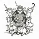 A Morat baker surrounded by Chucky dolls and unicorns tattoo design idea