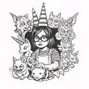 A Morat baker surrounded by Chucky dolls and unicorns tattoo design idea