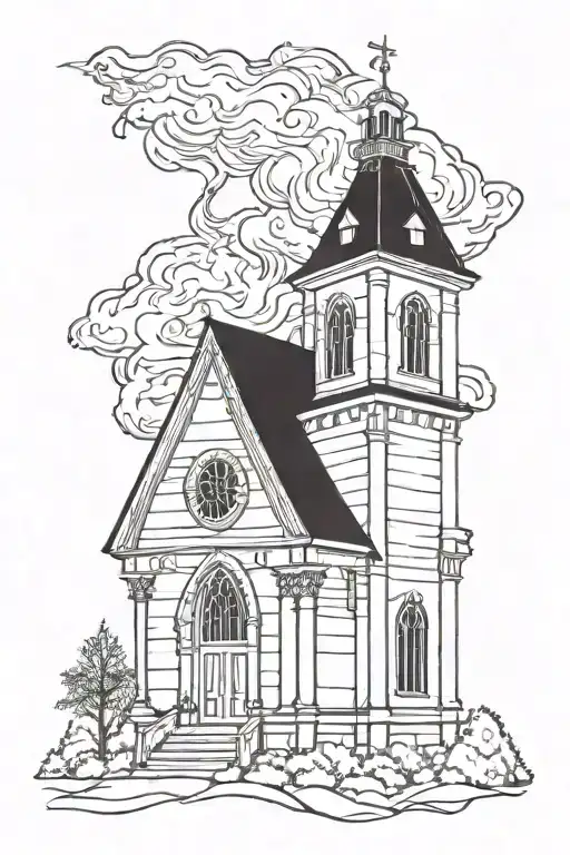 burning church tattoo design idea