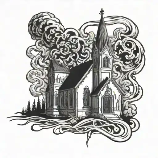 burning church tattoo design idea